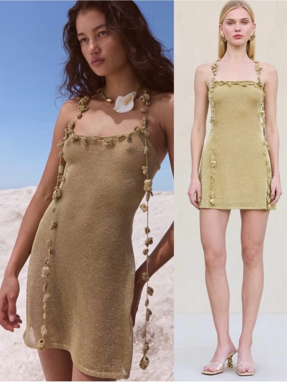 Cult Gaia Alonza Crochet Knit Floral Appliqué Mini Dress Gold NEW with tags